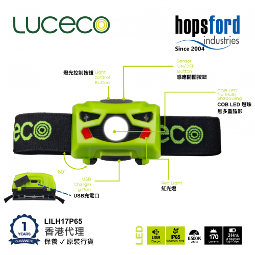 LUCeCO - Professional LED Headlamp Motion Sensor Type-C Charging IP65 Rating 170LM Brightness LILH17P65