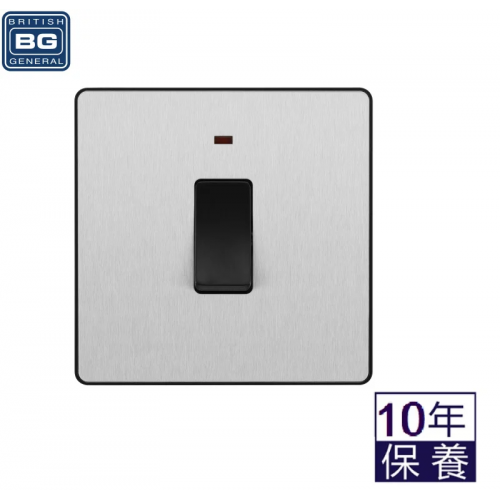 BG - British General - Evolve 20A Double Pole Switch. Power Indicator. Brushed Steel/ Black PCDBS31B