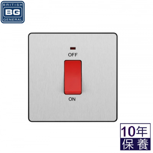 BG - British General - Evolve 45A Double Pole Switch. Power Indicator. Brushed Steel/ Black PCDBS74B