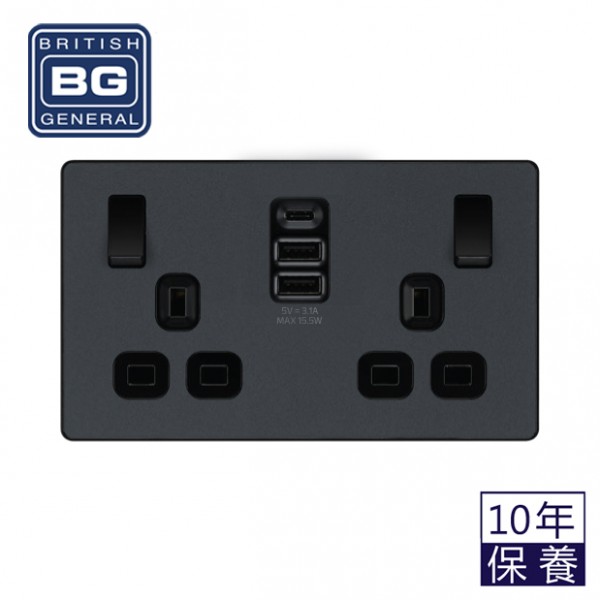 BG - British General Evolve PCDMG22UAAC15B 13 Amp Double Switch with Type A x2 & C Matt Grey