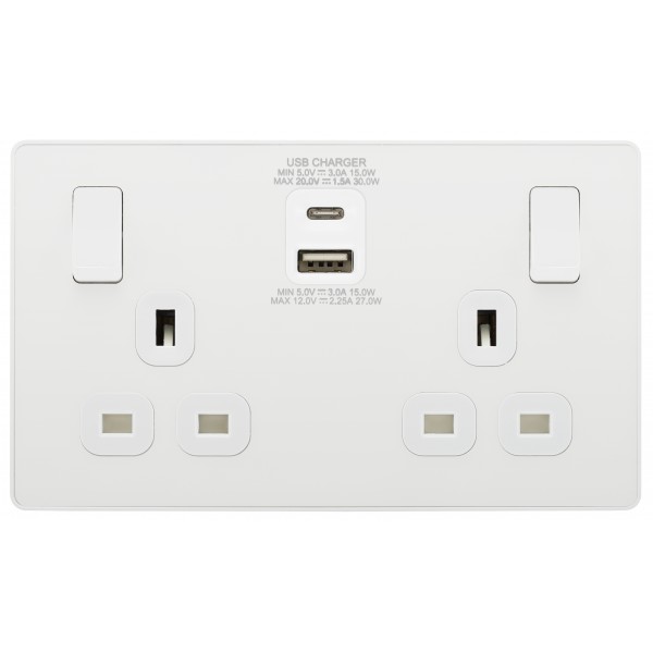 Evolve 13 Amp Double Switch with Type A & C. Polished White PCDWH22UAC30W Evolve 13 Amp Double Switch with Type A & C. Polished White PCDWH22UAC30W