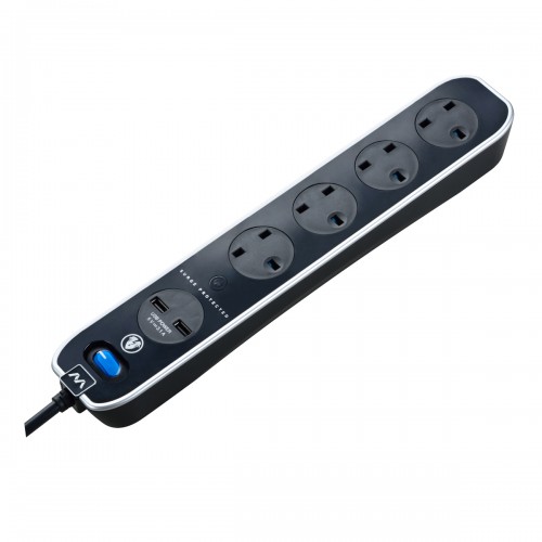Masterplug SRGLSU43PB Surge 2X USB 3.1A with 4X13A 3M Extension lead High gloss finish Switched  Gloss Black