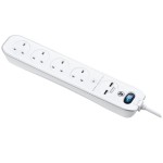 Masterplug SRGLSU43PW Surge 2X USB 3.1A with 4X13A 3M Extension lead High gloss finish Switched Gloss White 
