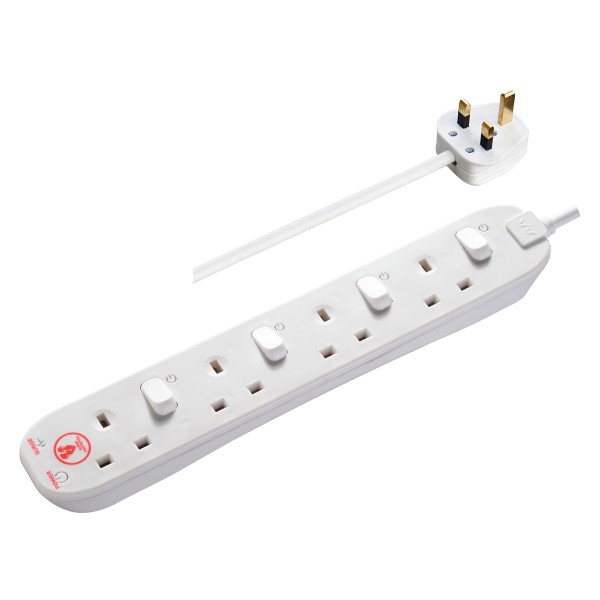 Masterplug SWSRG42N Individually Switched 4 X13A Surge Extension Leads White   