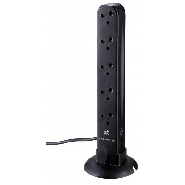 Masterplug Surge Tower 2 USB X 2.1A with 10 X13A 2m Extension Leads Black SRGU102B